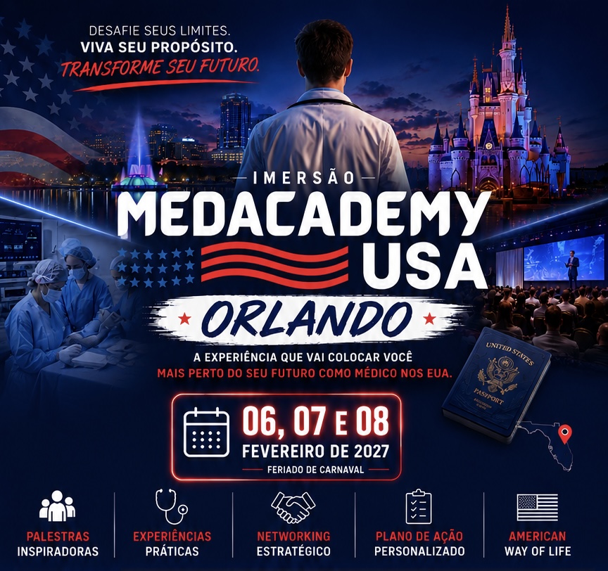 Cartaz da Imersão MedAcademy USA — Orlando: médico de jaleco diante do horizonte, castelo iluminado, centro cirúrgico e auditório